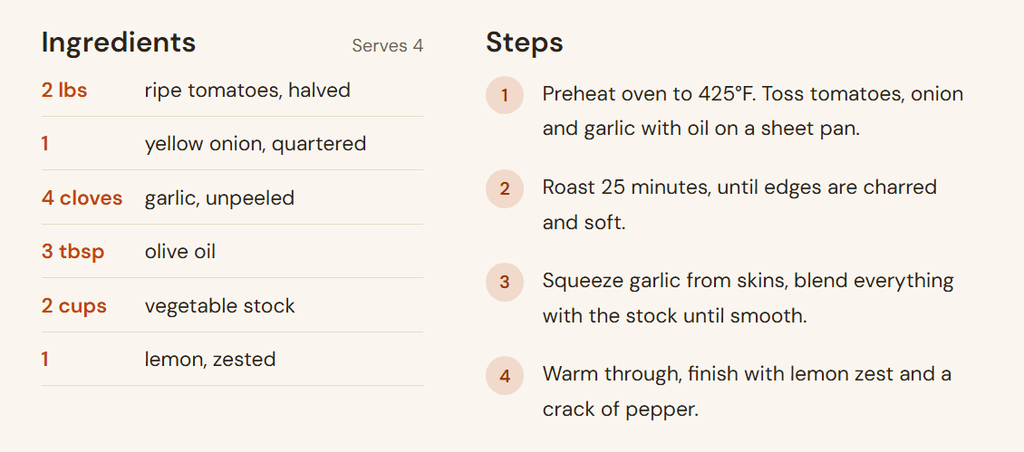 Two-column ingredients and steps layout